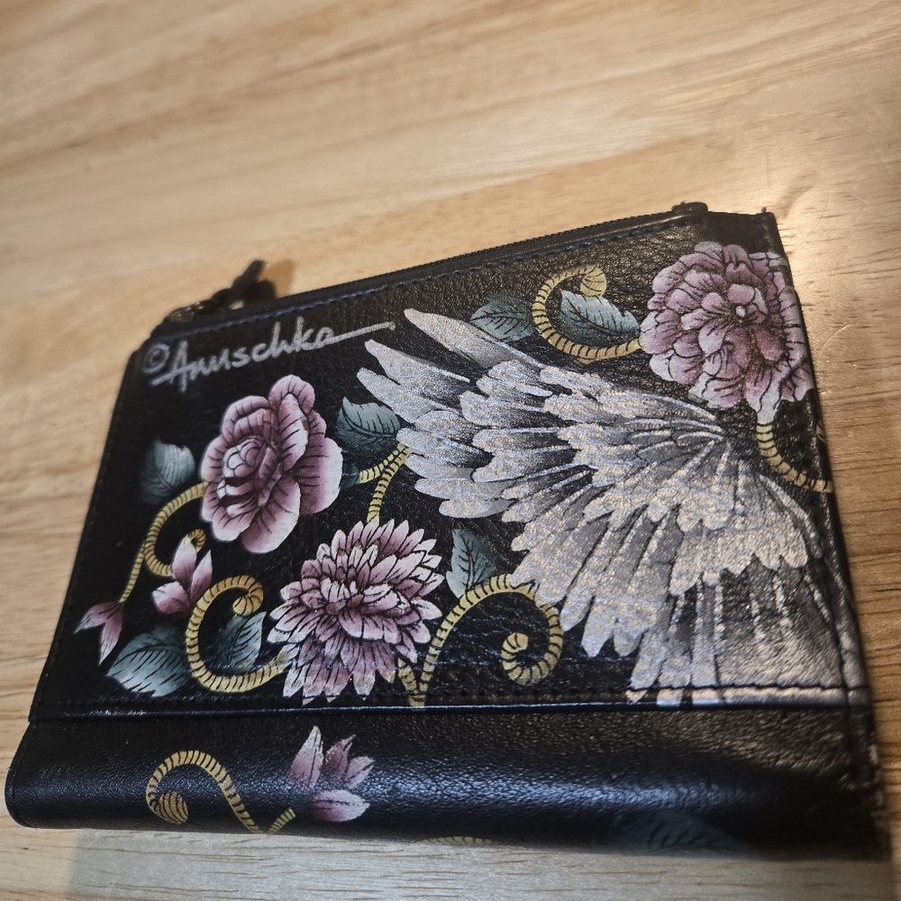 Beautiful Anuschka Black Wallet with Pink and Silver Floral Design